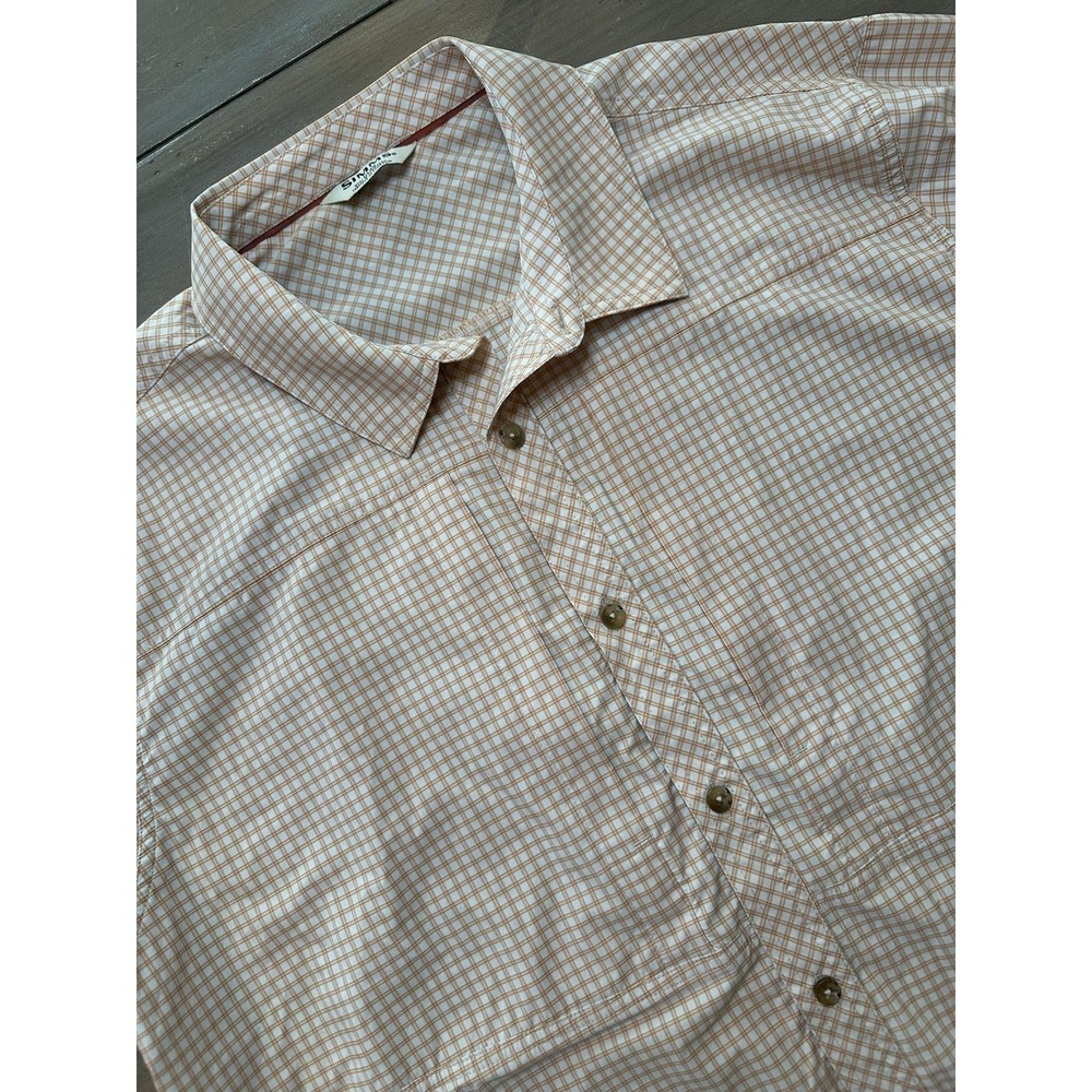 Simms Shirt Mens XXL Peach Plaid brrr Nylon Stretch‎ Long Sleeve Fishing
